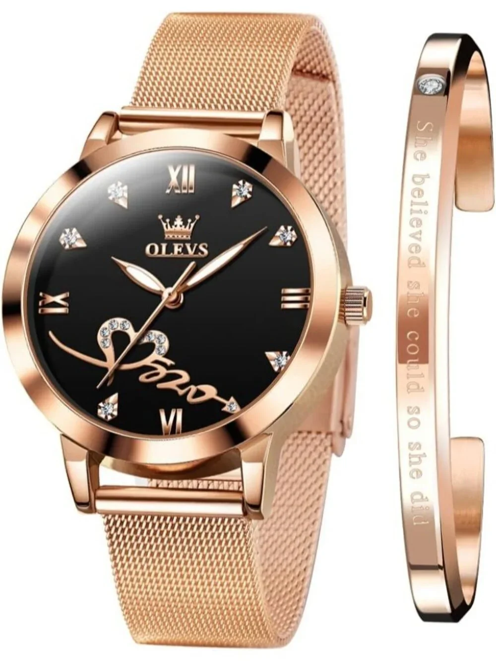 Women's Rose Gold Black Mesh Strap Fashion Dress Heart Quartz Bracelet Set Watch